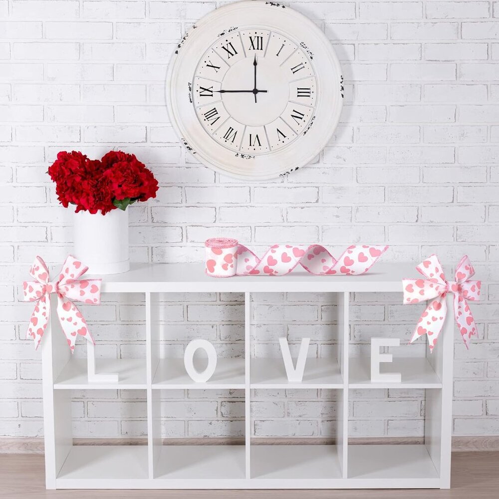 Valentine's Day Burlap Wired Ribbon 2 Rolls 12 Yards Heart Printed Love Edge Rib - Picture 6 of 7